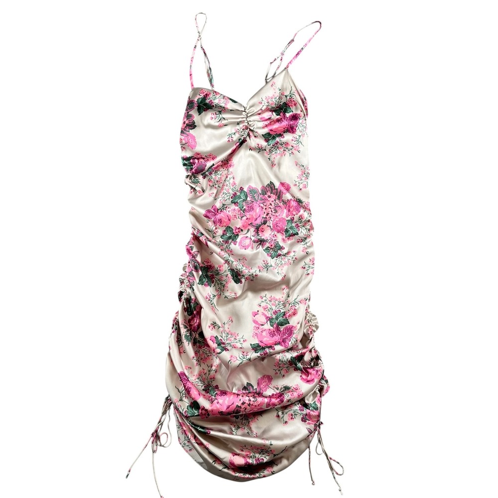 For Love & Lemons XS Palais Floral Satin Ruched Cami Dress Spaghetti Strap Mini